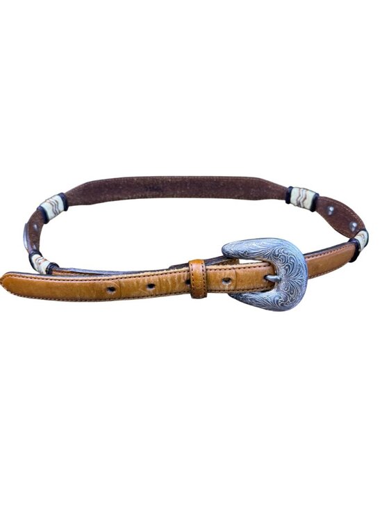 Tony Lama Tan Leather Western Belt With Silver Buckle Embossed Floral Sz 30 - Picture 3 of 8